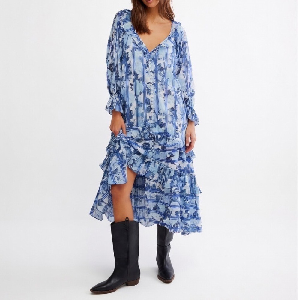 Free People Garden Wonders Maxi Dress Blue Floral Striped S Boho Button Front